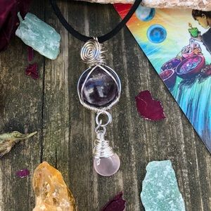 Handmade Rose Quartz Amethyst Necklace Crystal Ball Briolette Pendant